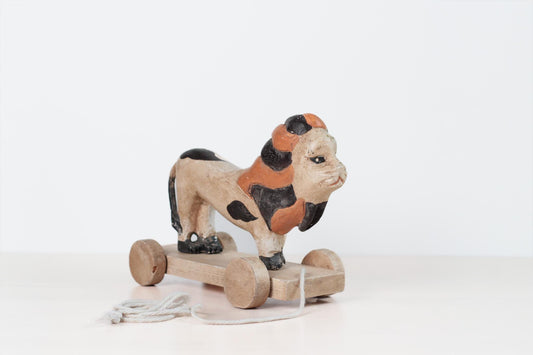 Antique 1917 Hand-Carved Painted Wood Lion Pull Toy on Wheeled Platform
