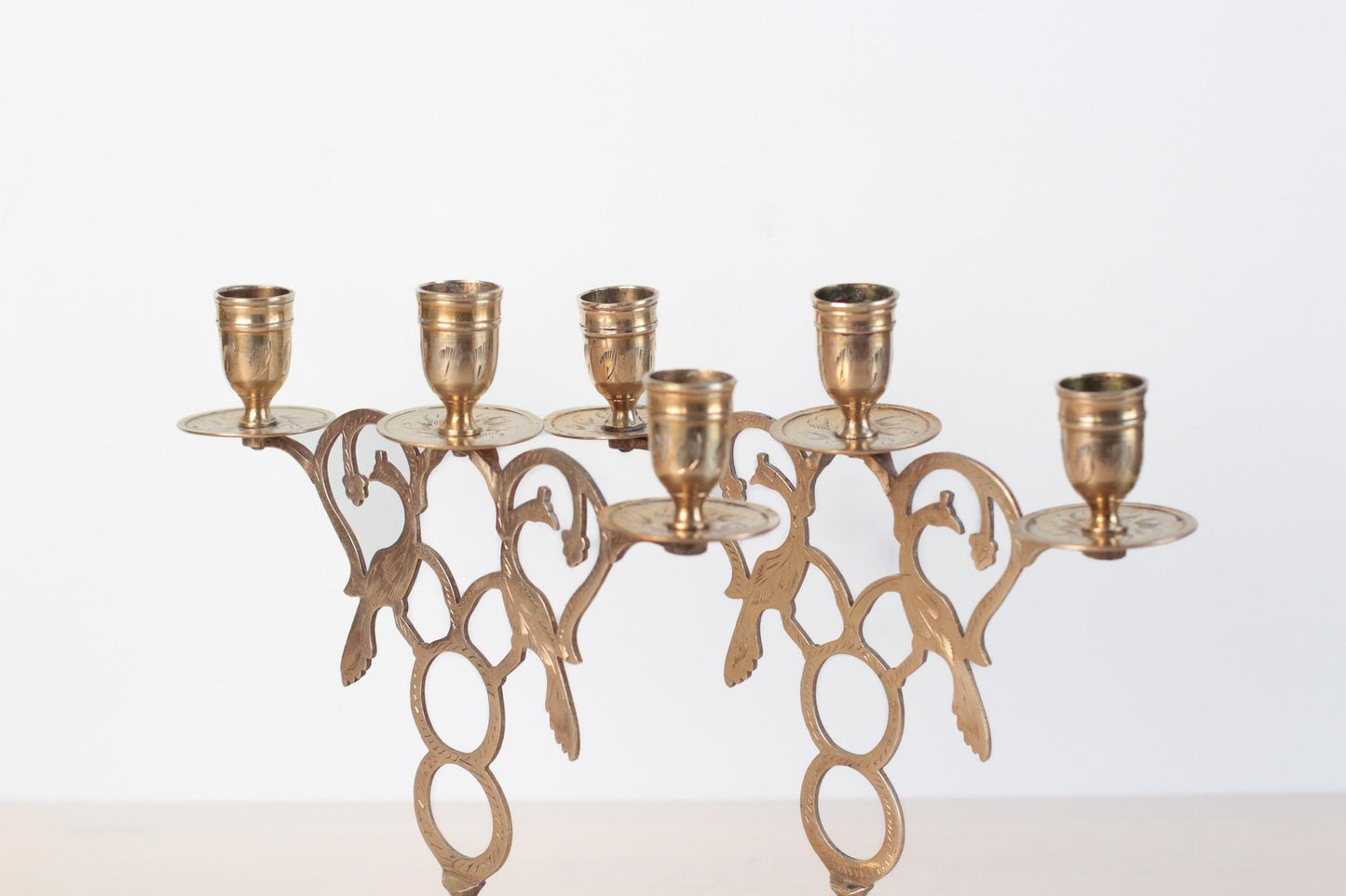 Vintage Brass Peacock Candelabras | Three-Arm Pierced Filigree Candleholder Set