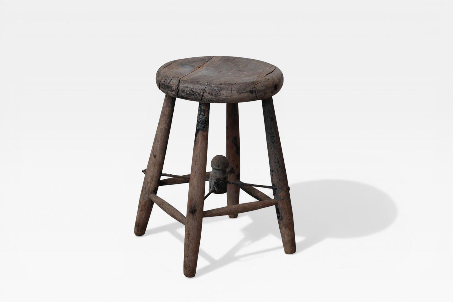 Antique 1920s Rustic Wooden Stool with Hat Rack