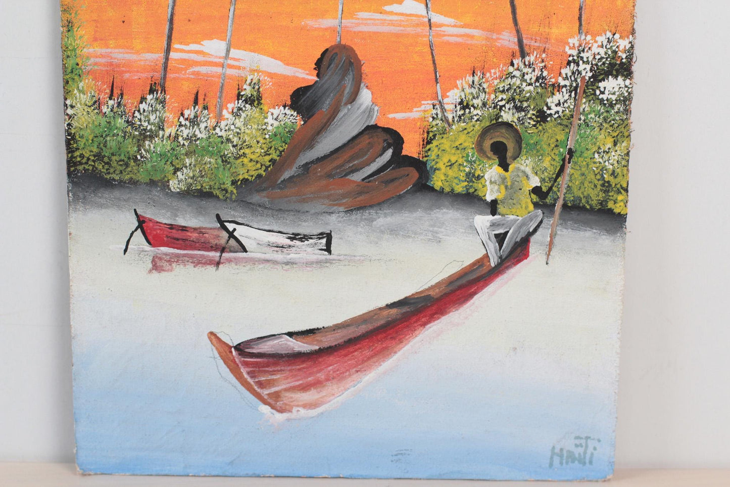 Vintage Haitian Folk Art Painting on Board | Caribbean Wall Art