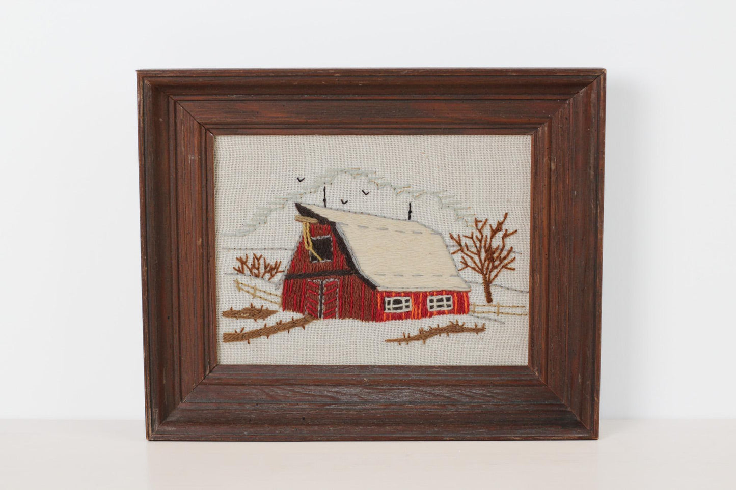 Vintage Winter Barn Needlework in Wood Frame | Crewel Embroidery