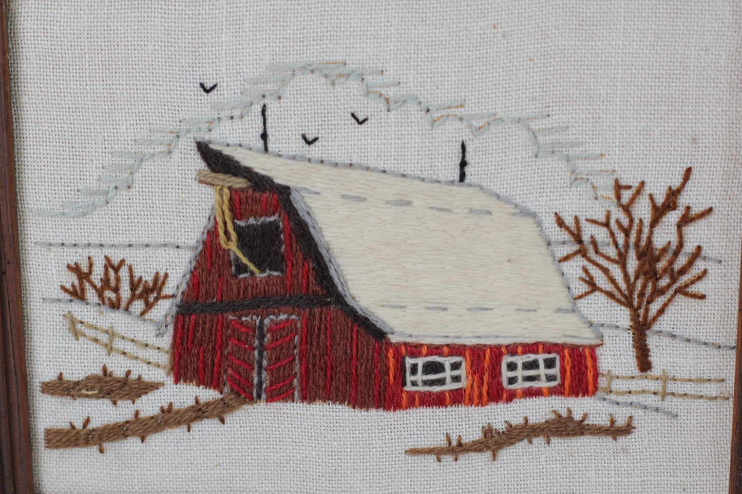 Vintage Winter Barn Needlework in Wood Frame | Crewel Embroidery