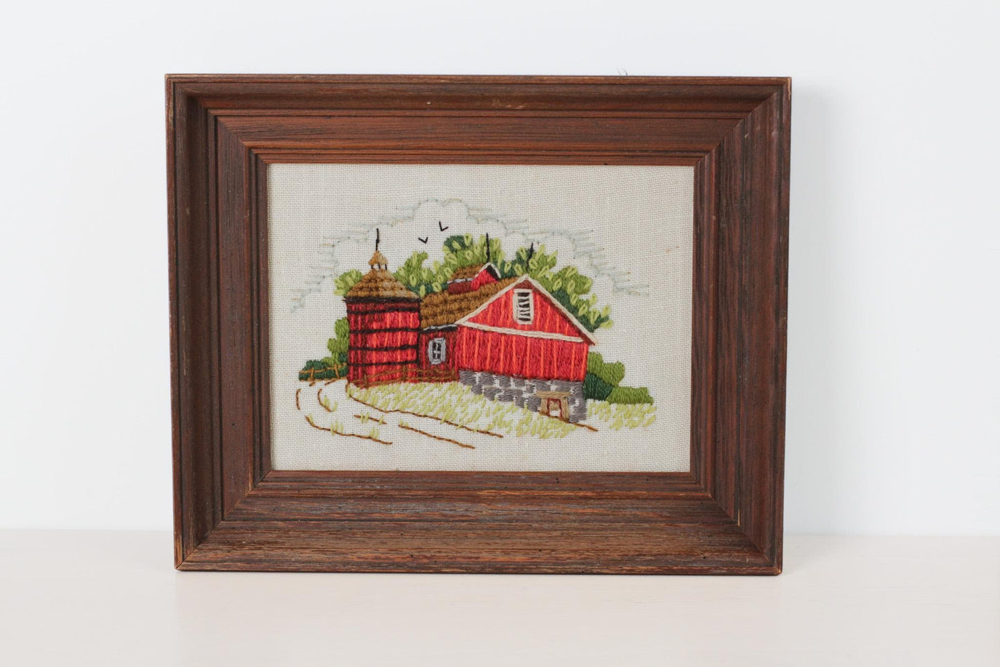 Vintage Red Barn Needlework in Wood Frame | Crewel Embroidery
