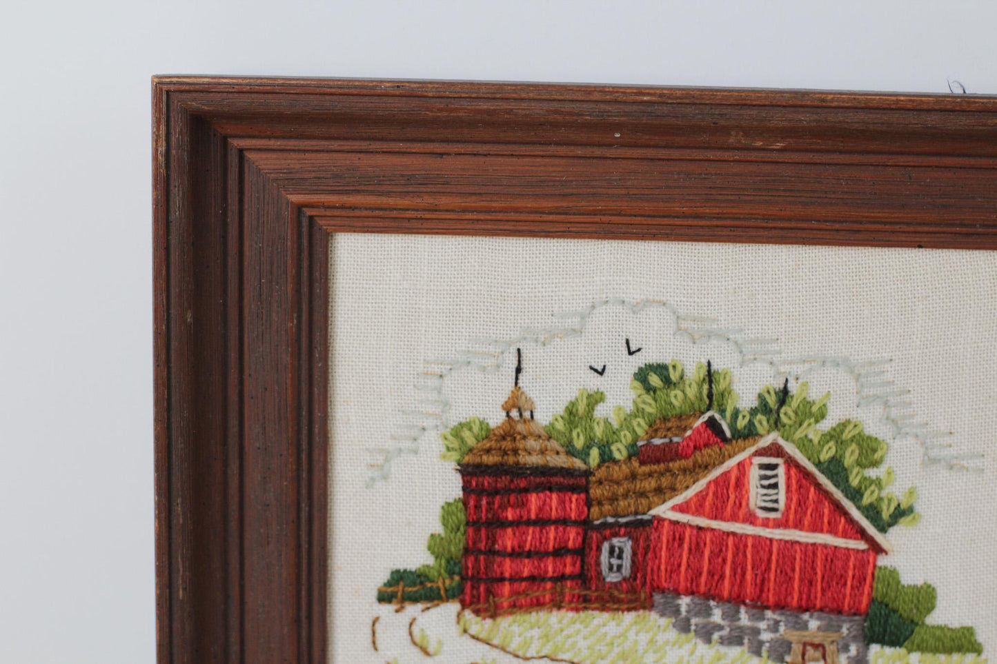 Vintage Red Barn Needlework in Wood Frame | Crewel Embroidery