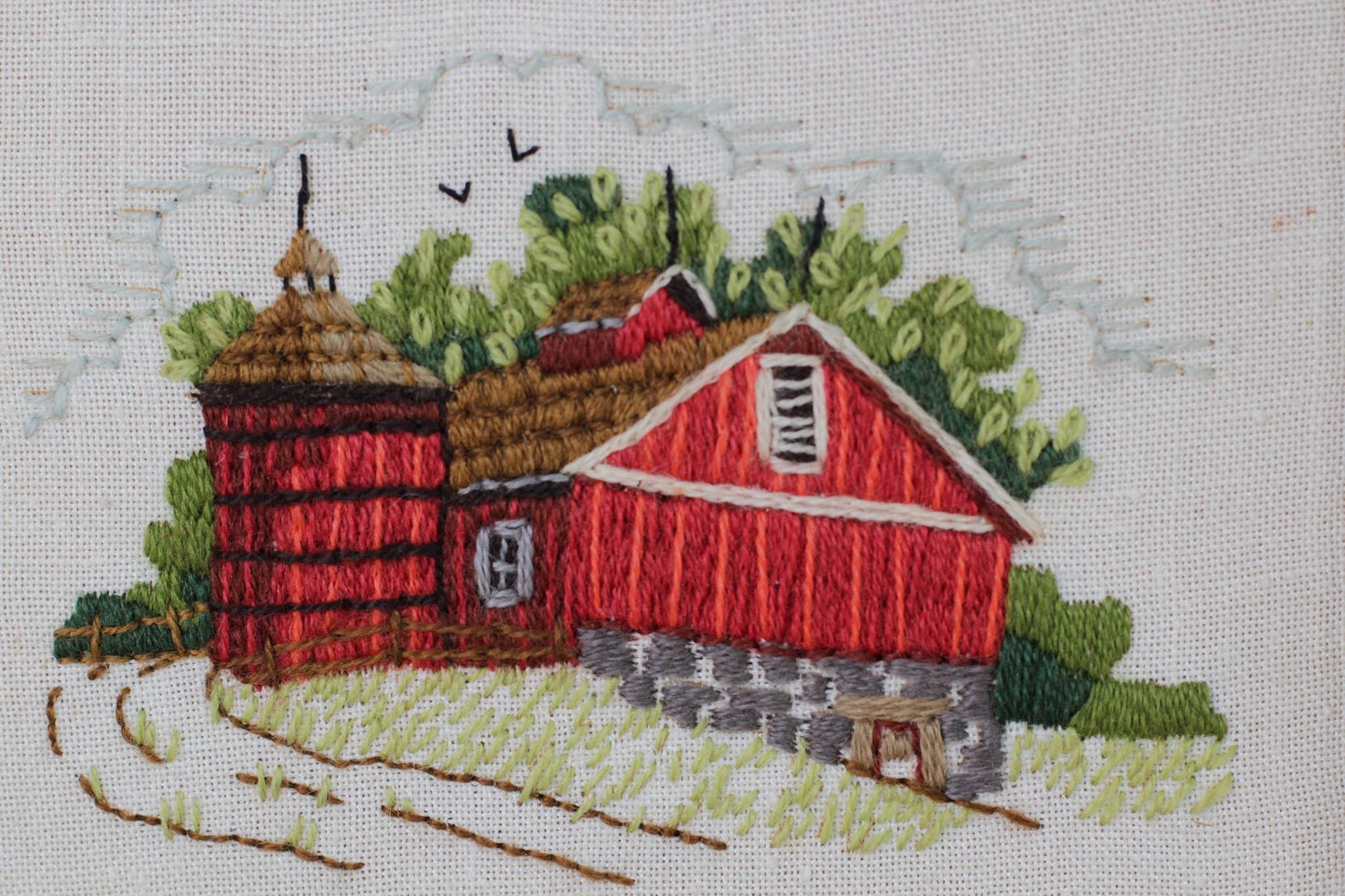 Vintage Red Barn Needlework in Wood Frame | Crewel Embroidery