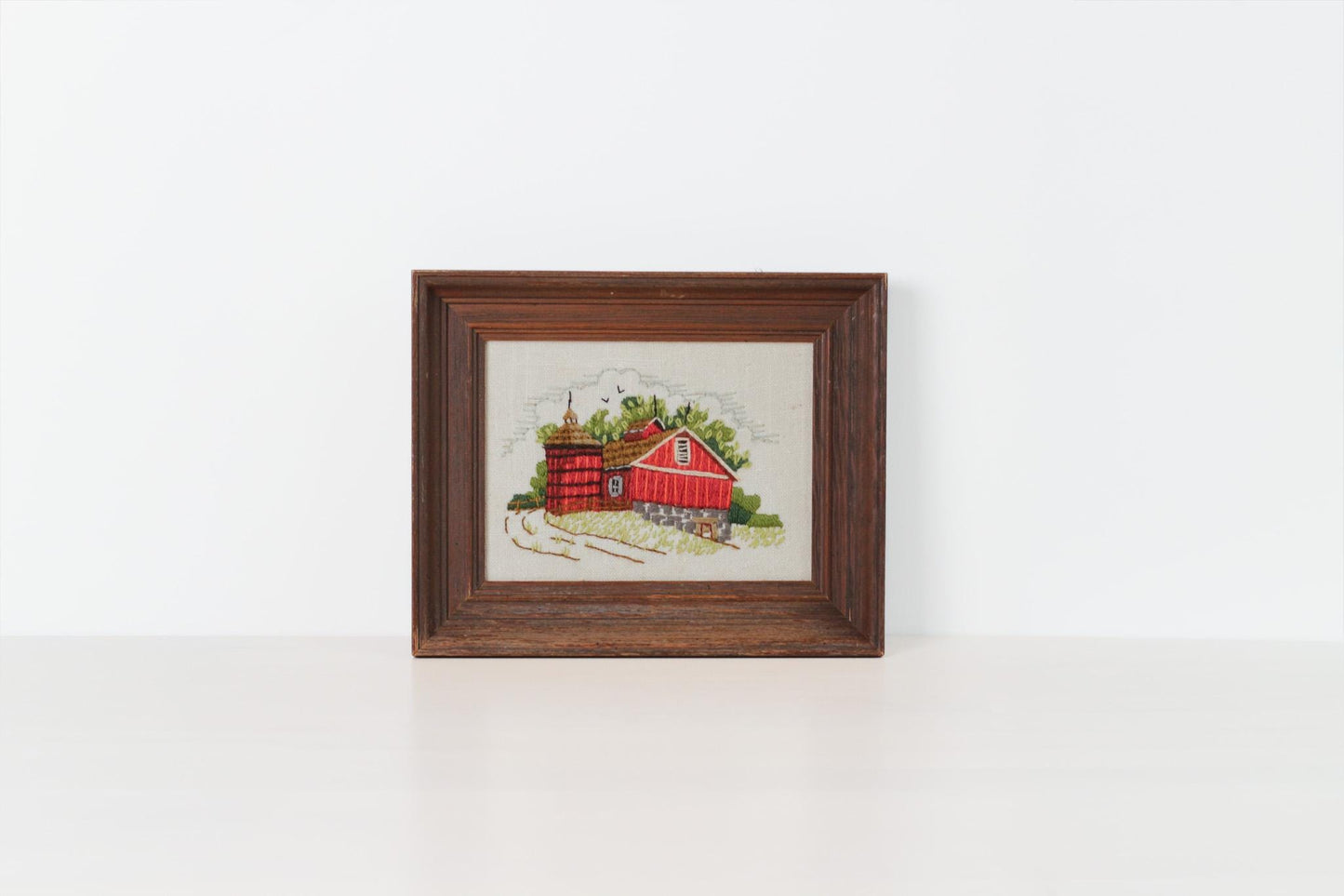 Vintage Red Barn Needlework in Wood Frame | Crewel Embroidery