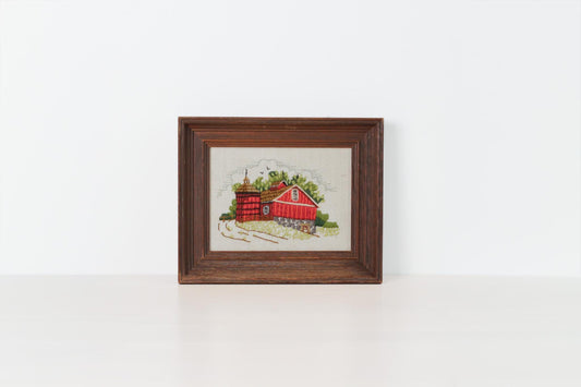 Vintage Red Barn Needlework in Wood Frame | Crewel Embroidery