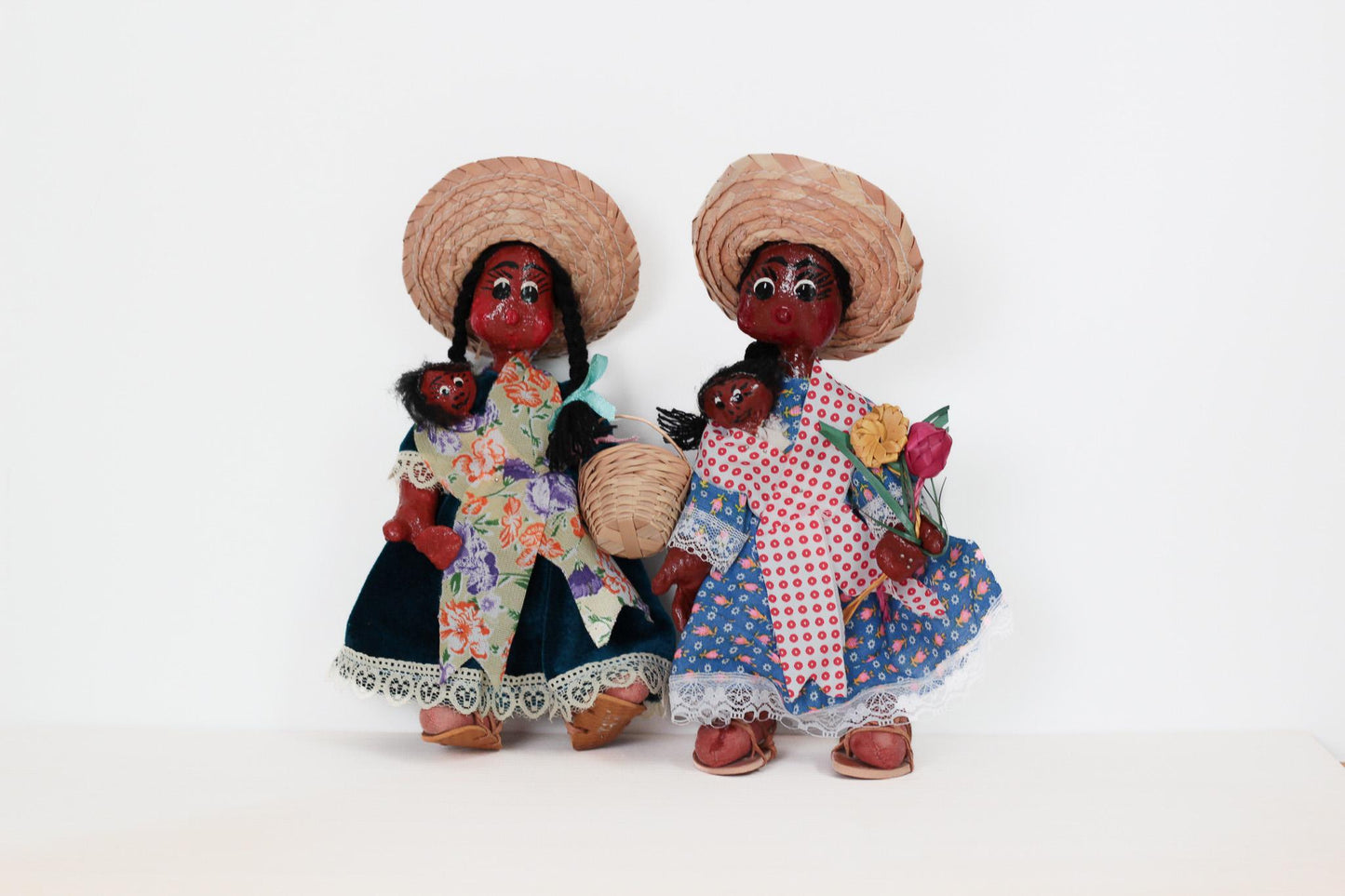 Vintage Mexican Folk Art Dolls, Hand-Painted Papier-Mâché Moms & Babies, 11" Tall