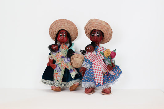 Vintage Mexican Folk Art Dolls, Hand-Painted Papier-Mâché Moms & Babies, 11" Tall