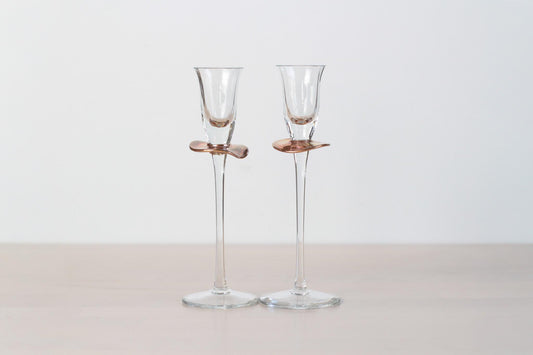 Pair of Vintage Handblown Stemmed Cordial Glasses with Rose Copper Collar
