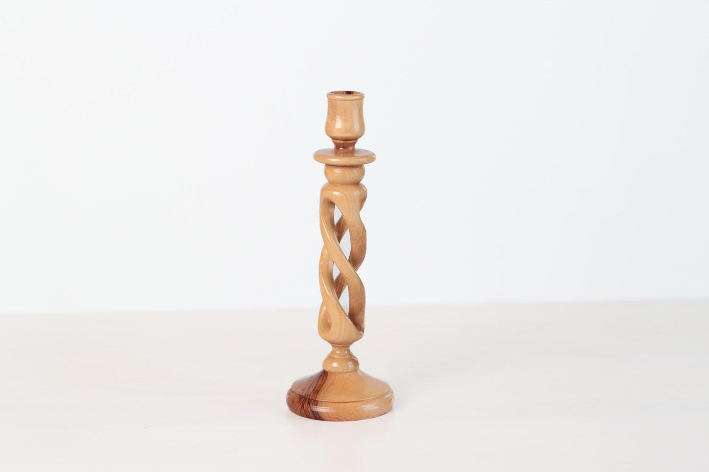 Vintage Handcarved Olive Wood Spiral Candlestick