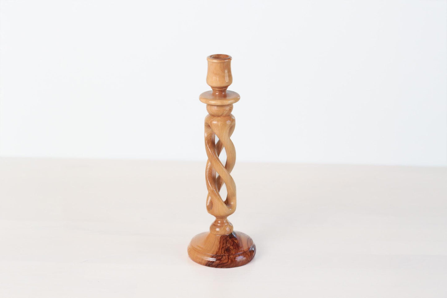 Vintage Handcarved Olive Wood Spiral Candlestick
