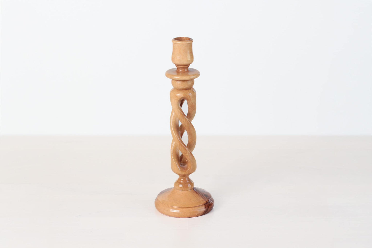 Vintage Handcarved Olive Wood Spiral Candlestick