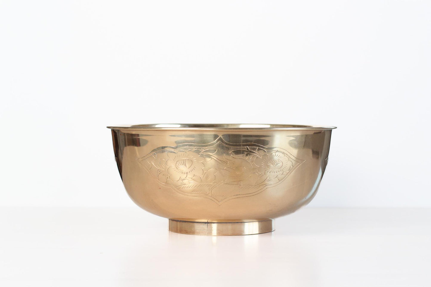 Large Vintage Brass Bowl with Etched Birds