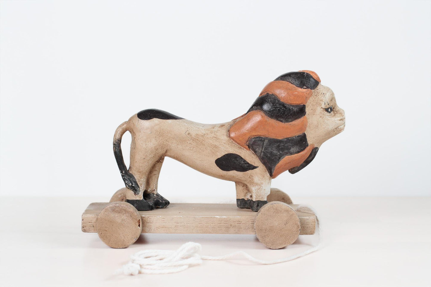 Antique 1917 Hand-Carved Painted Wood Lion Pull Toy on Wheeled Platform