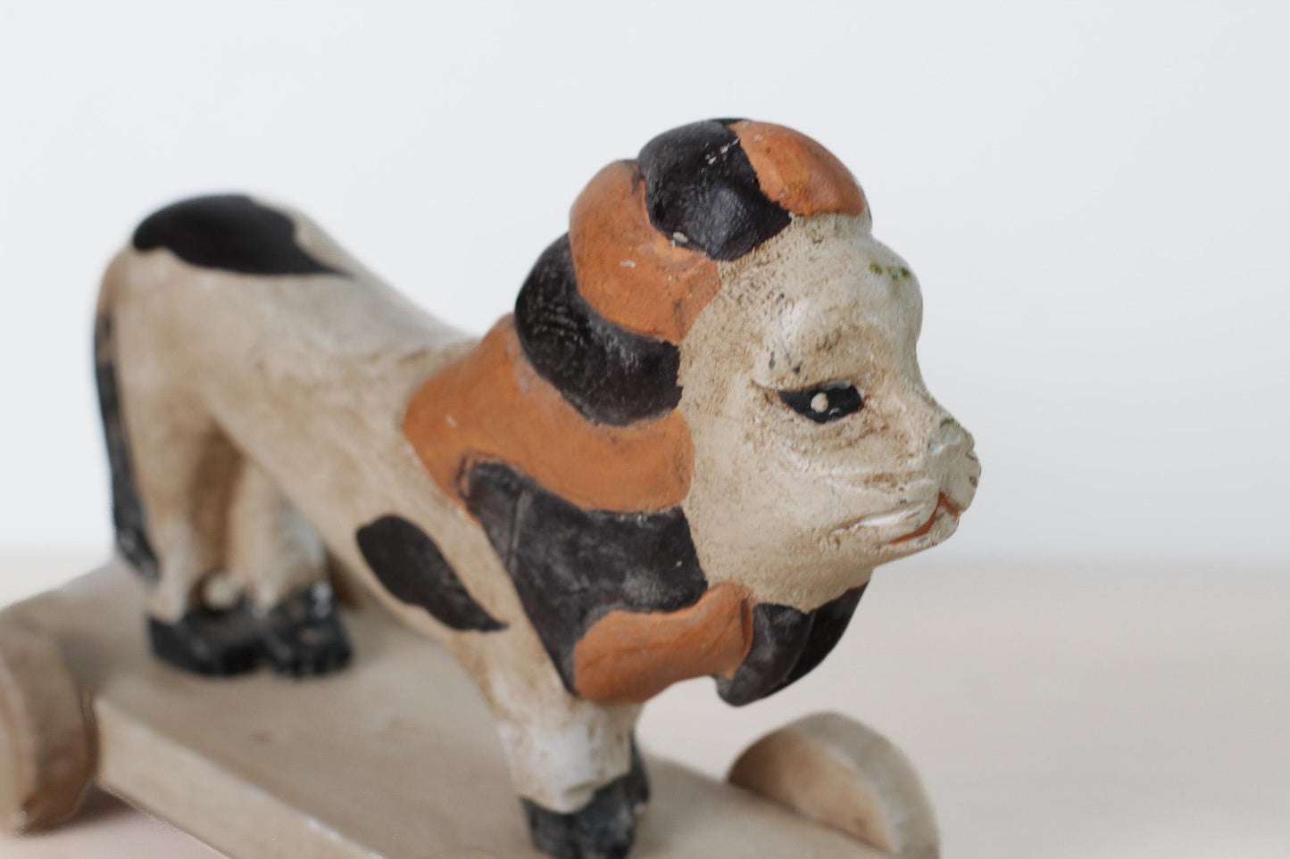 Antique 1917 Hand-Carved Painted Wood Lion Pull Toy on Wheeled Platform