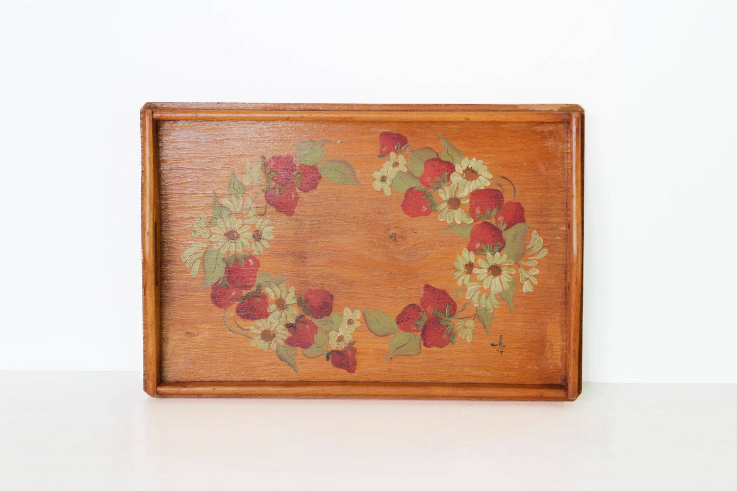 Vintage Hand-Painted Strawberry Wooden Tray | Signed and Dated 1974