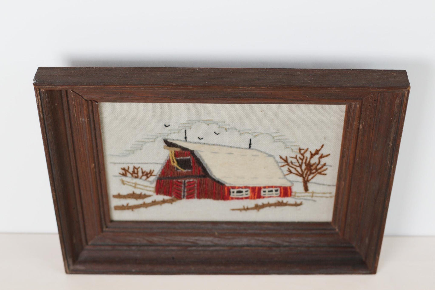 Vintage Winter Barn Needlework in Wood Frame | Crewel Embroidery