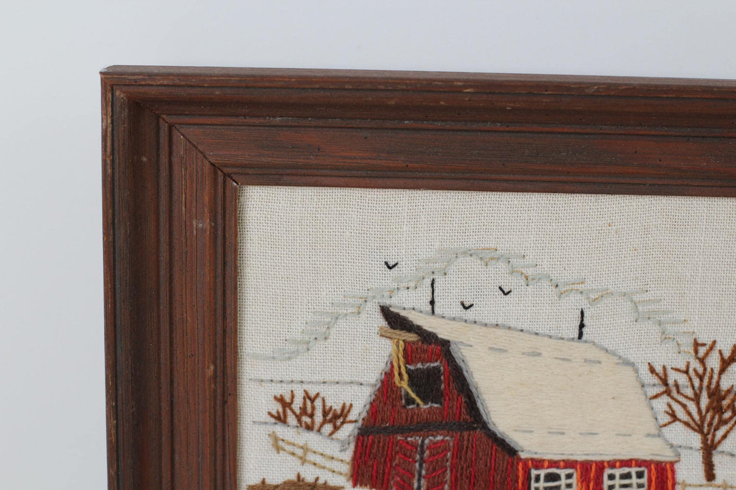 Vintage Winter Barn Needlework in Wood Frame | Crewel Embroidery