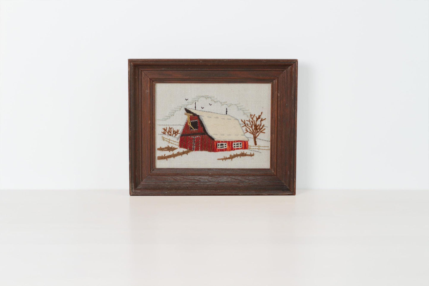Vintage Winter Barn Needlework in Wood Frame | Crewel Embroidery