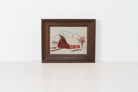 Vintage Winter Barn Needlework in Wood Frame | Crewel Embroidery