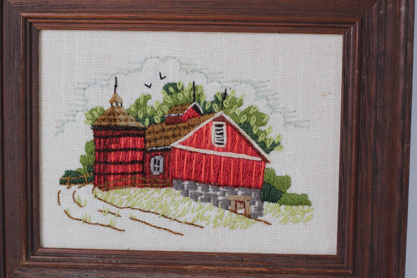 Vintage Red Barn Needlework in Wood Frame | Crewel Embroidery