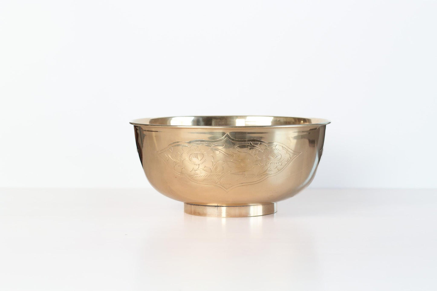 Large Vintage Brass Bowl with Etched Birds