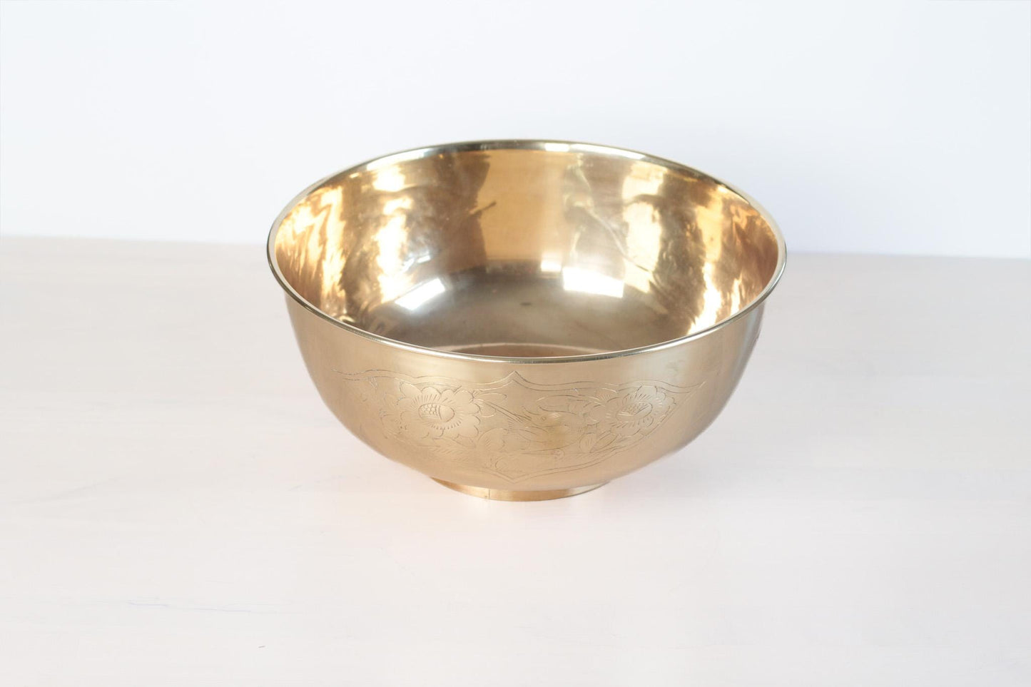 Large Vintage Brass Bowl with Etched Birds