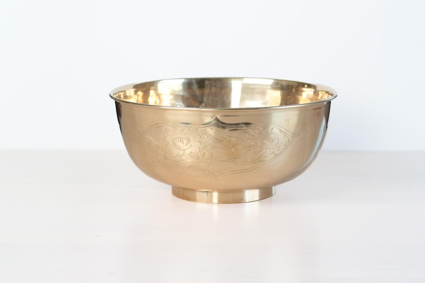 Large Vintage Brass Bowl with Etched Birds