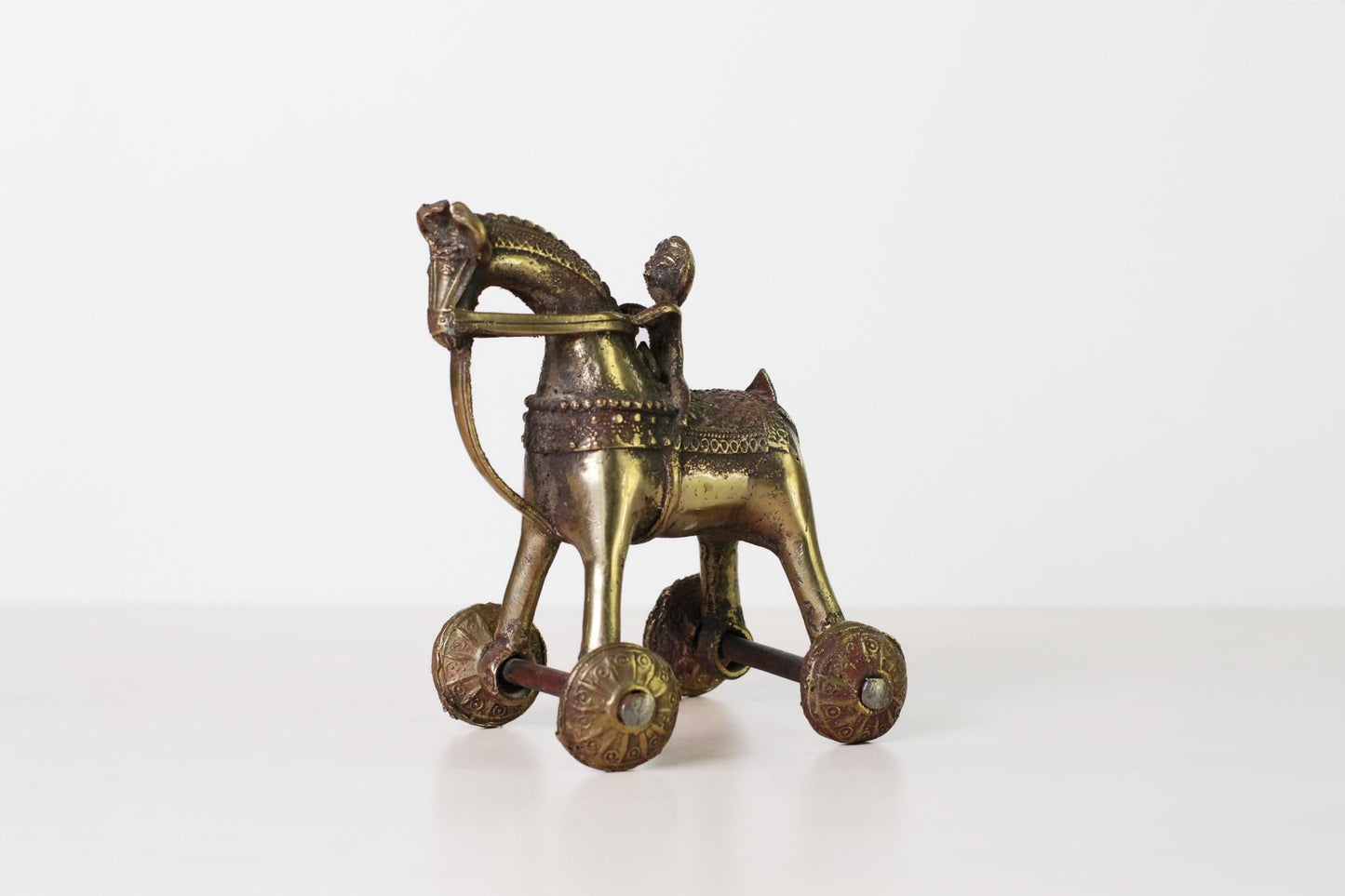 Antique Indian Brass Temple Horse on Wheels with Rider