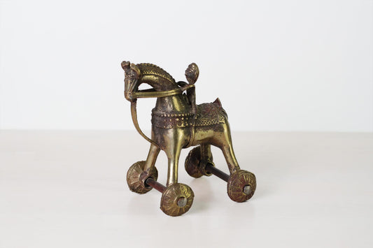 Antique Indian Brass Temple Horse on Wheels with Rider