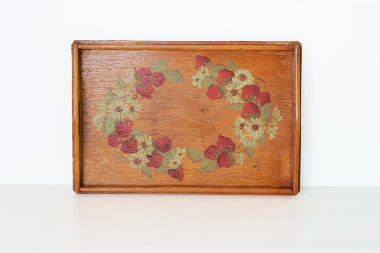 Vintage Hand-Painted Strawberry Wooden Tray | Signed and Dated 1974