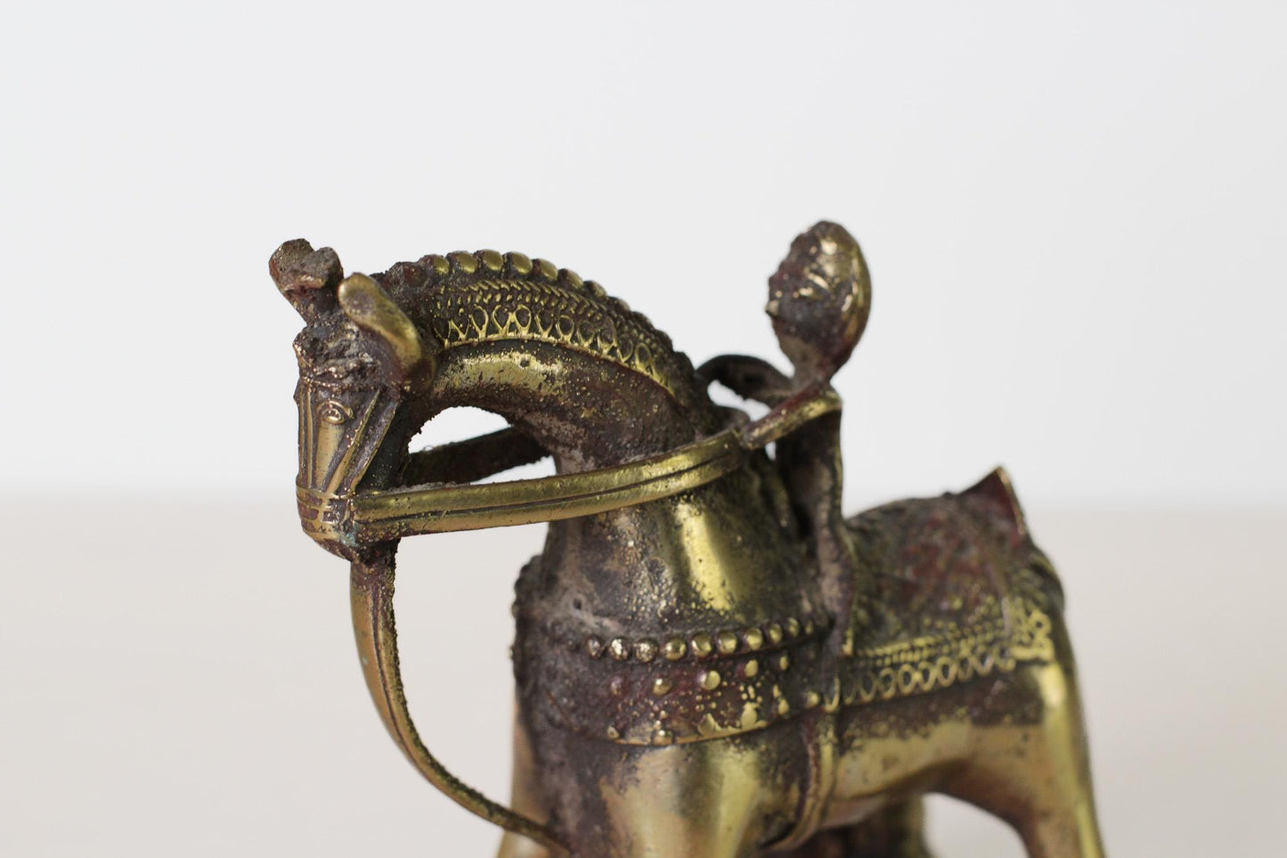 Antique Indian Brass Temple Horse on Wheels with Rider
