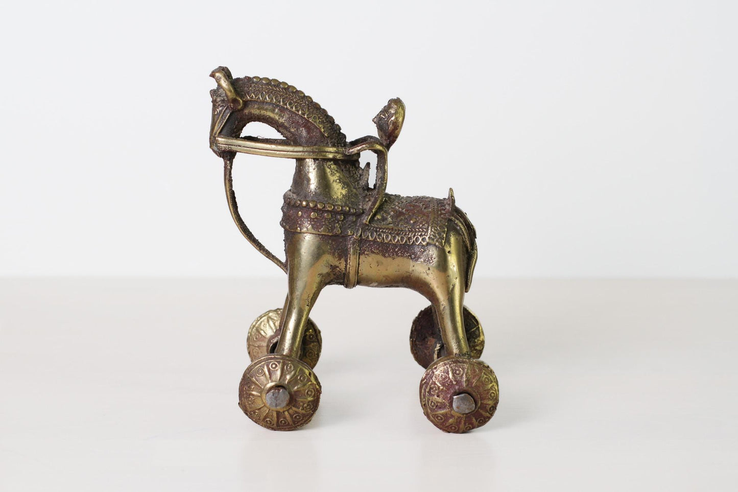 Antique Indian Brass Temple Horse on Wheels with Rider