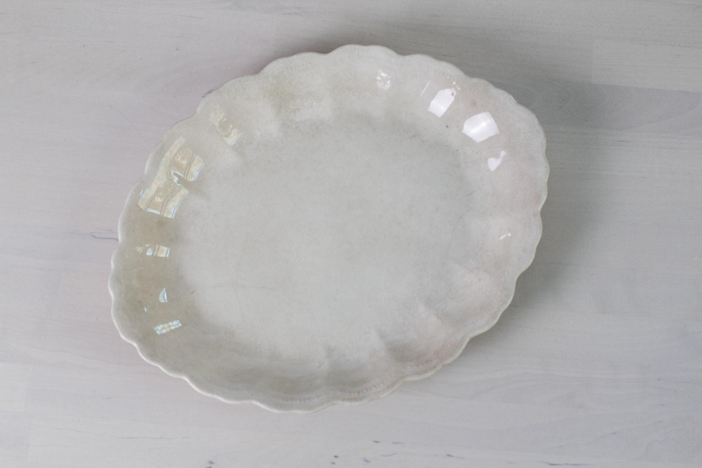 Antique Dresden Semi-Porcelain Oval Platter with Scalloped Edge | White Ironstone c. 1890–1910