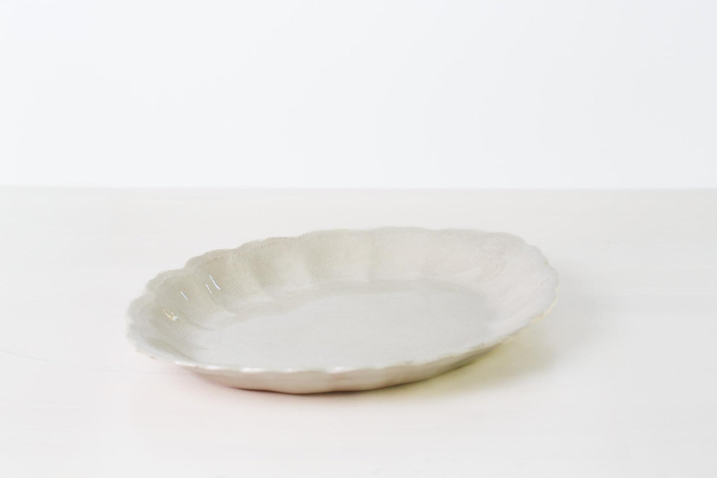 Antique Dresden Semi-Porcelain Oval Platter with Scalloped Edge | White Ironstone c. 1890–1910