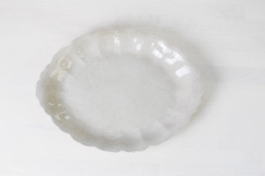 Antique Dresden Semi-Porcelain Oval Platter with Scalloped Edge | White Ironstone c. 1890–1910