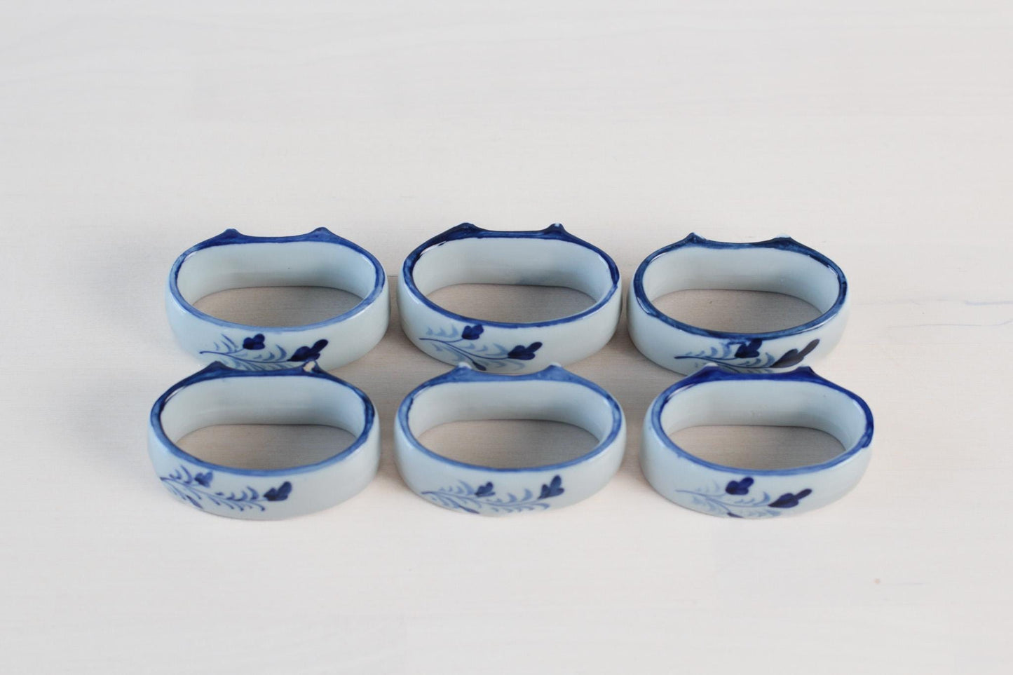 Vintage Hand-Painted Blue & White Ceramic Napkin Rings, Set of 6