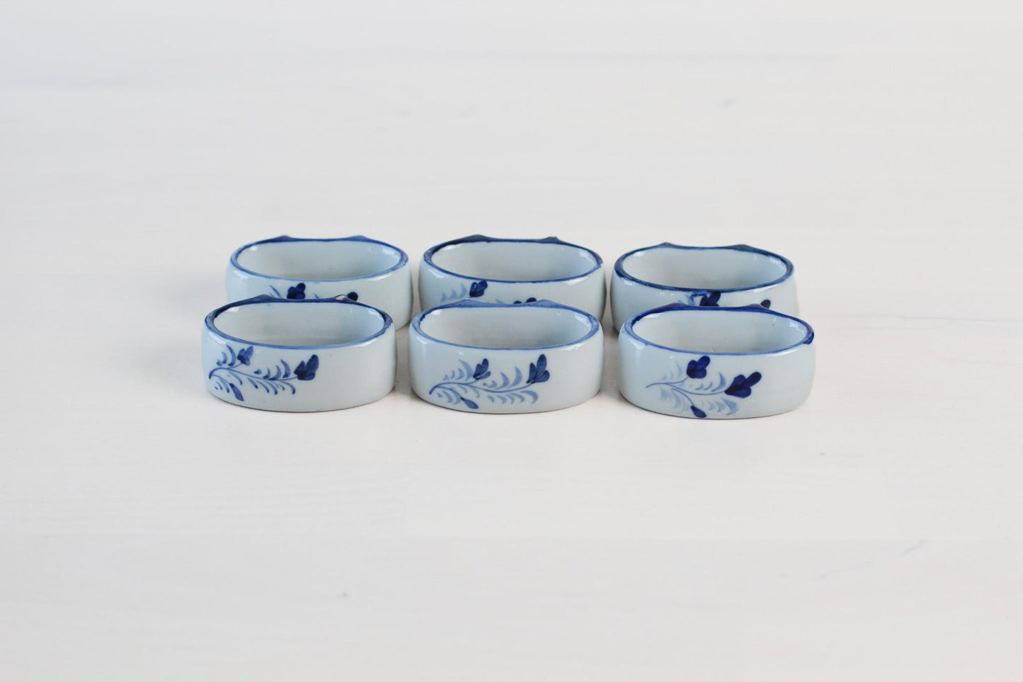 Vintage Hand-Painted Blue & White Ceramic Napkin Rings, Set of 6