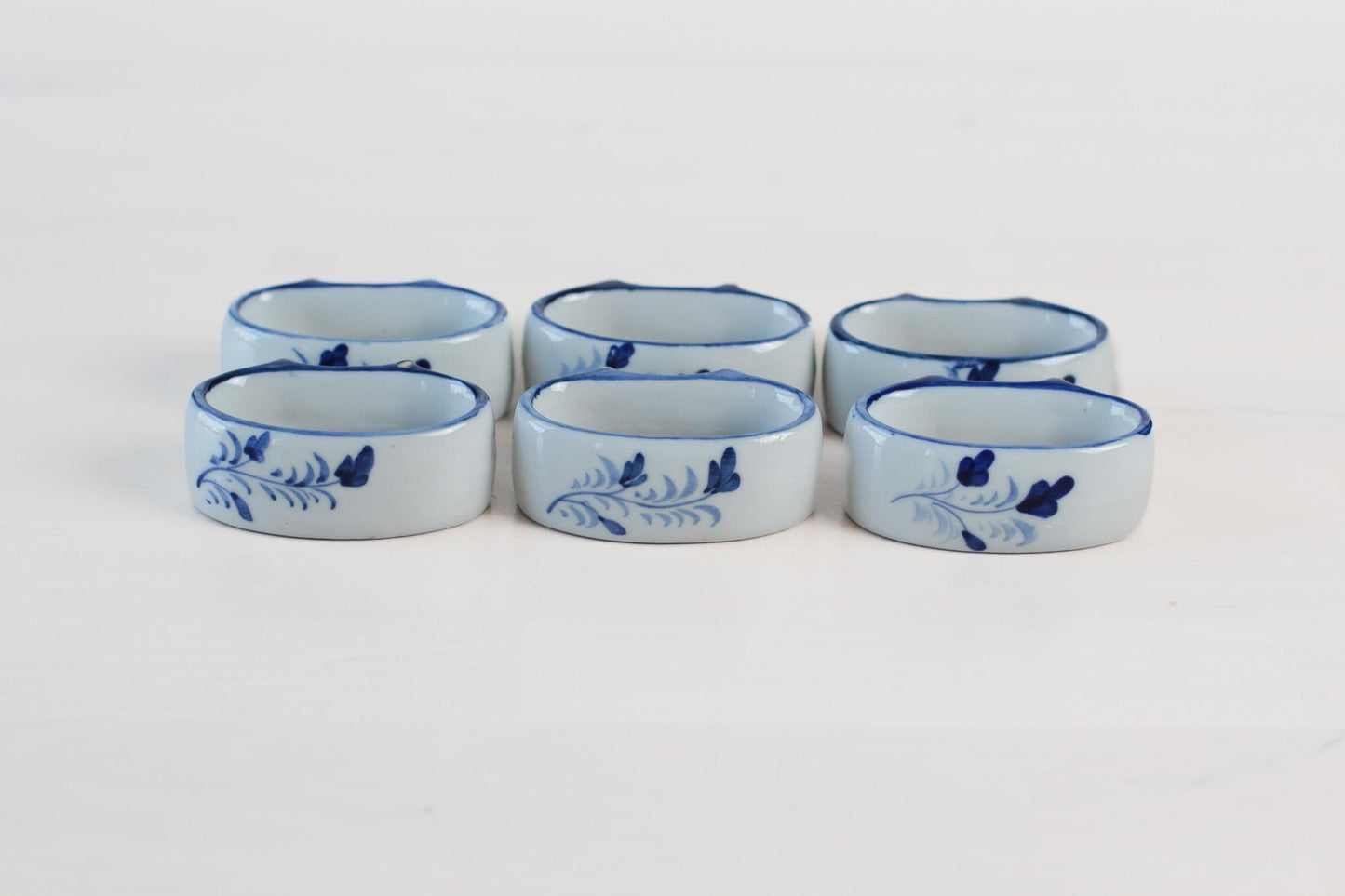 Vintage Hand-Painted Blue & White Ceramic Napkin Rings, Set of 6