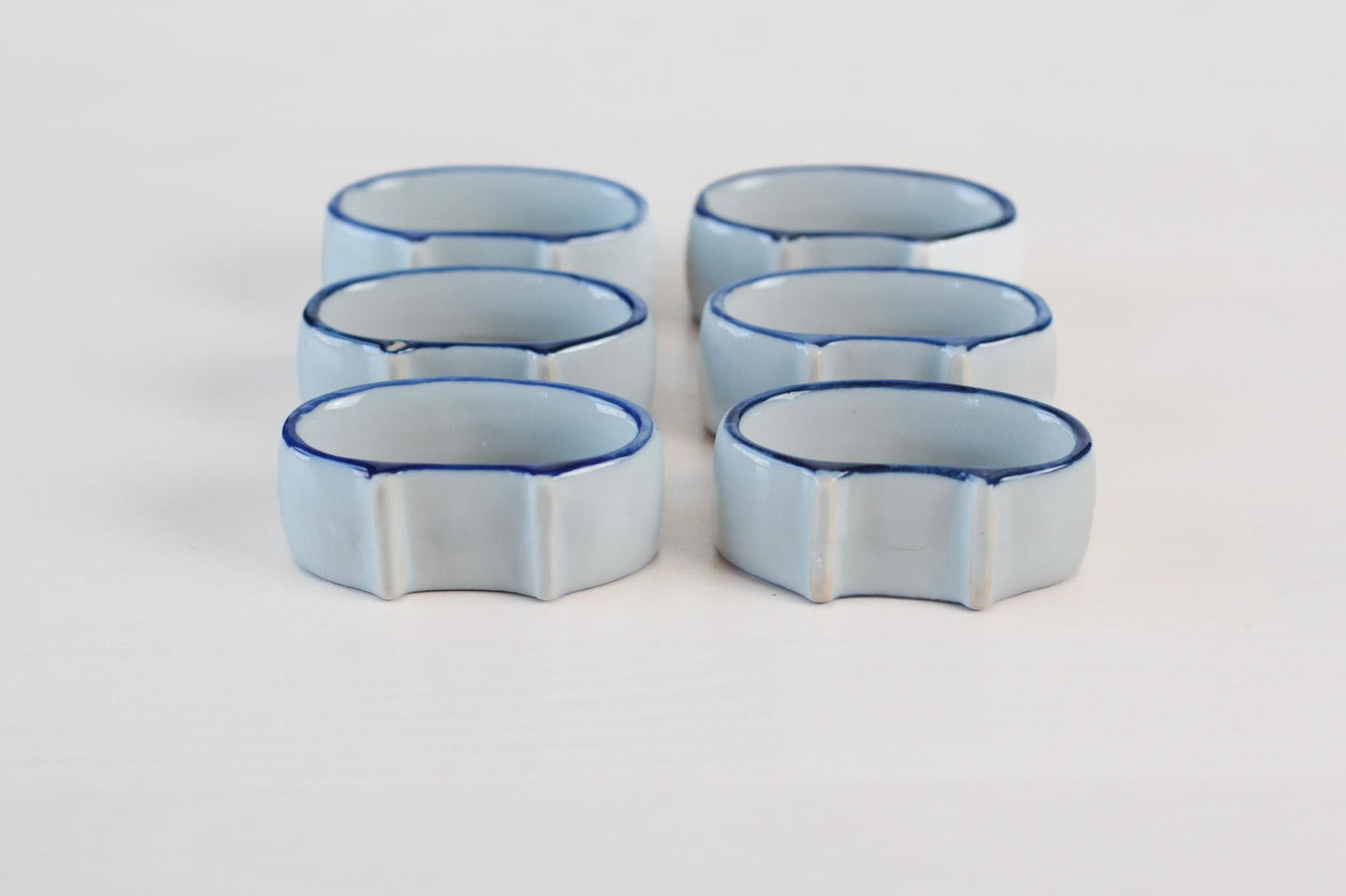 Vintage Hand-Painted Blue & White Ceramic Napkin Rings, Set of 6