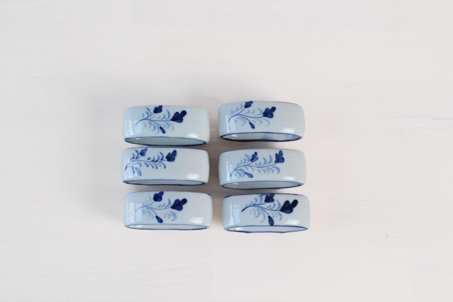 Vintage Hand-Painted Blue & White Ceramic Napkin Rings, Set of 6