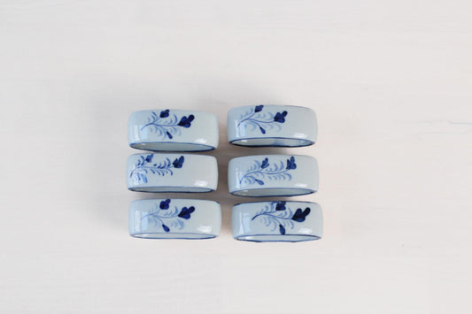 Vintage Hand-Painted Blue & White Ceramic Napkin Rings, Set of 6