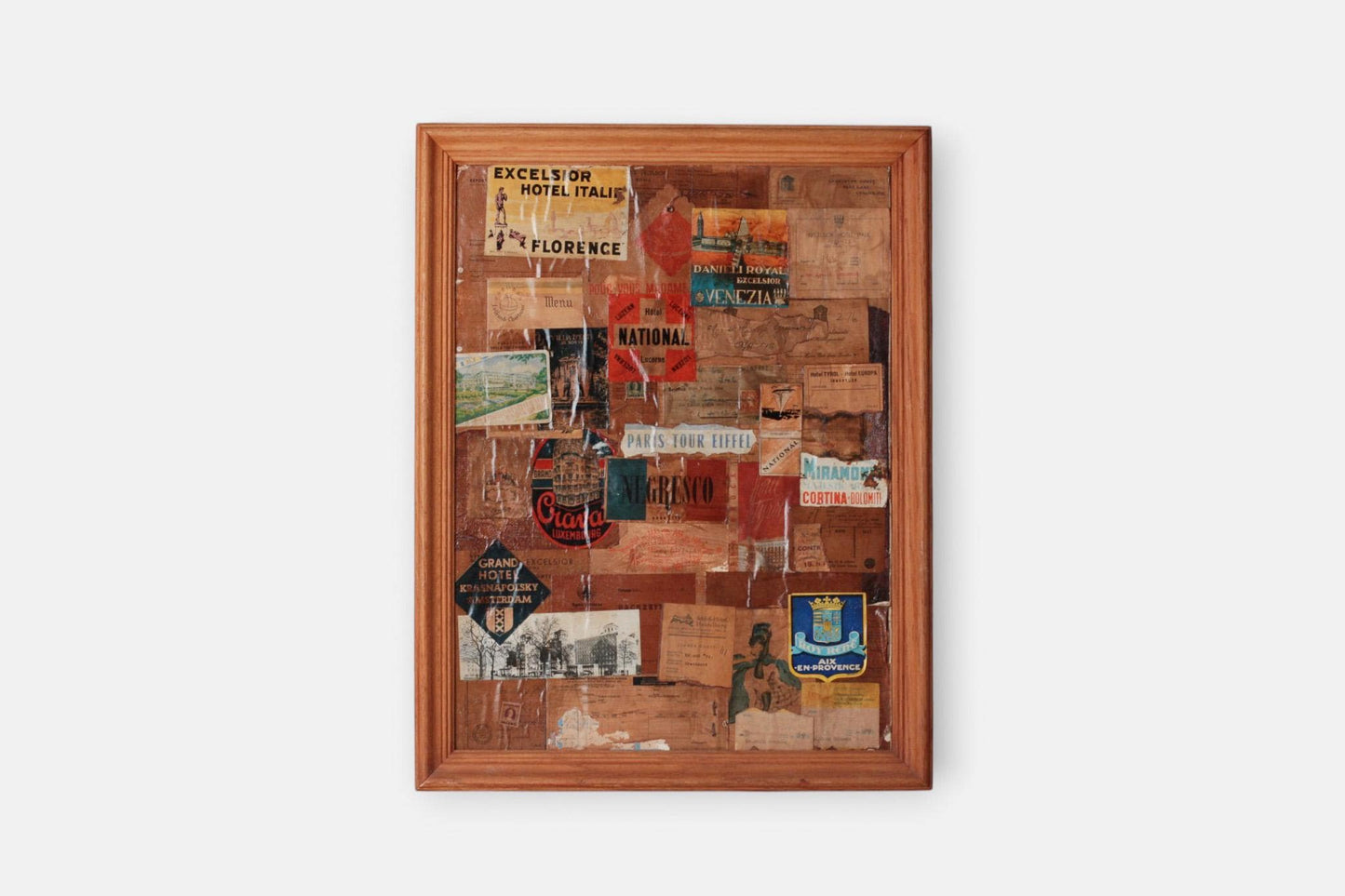 Framed Vintage European Grand Tour Hotel Label Collage | Authentic Mid-Century Travel Ephemera