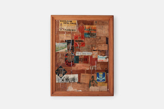 Framed Vintage European Grand Tour Hotel Label Collage | Authentic Mid-Century Travel Ephemera
