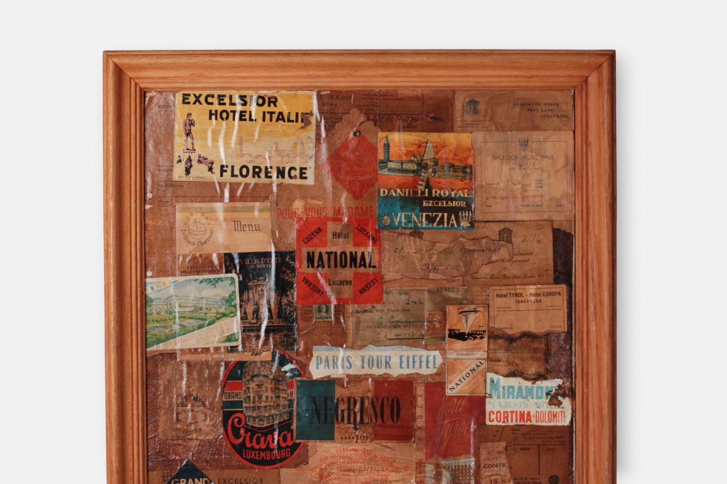 Framed Vintage European Grand Tour Hotel Label Collage | Authentic Mid-Century Travel Ephemera