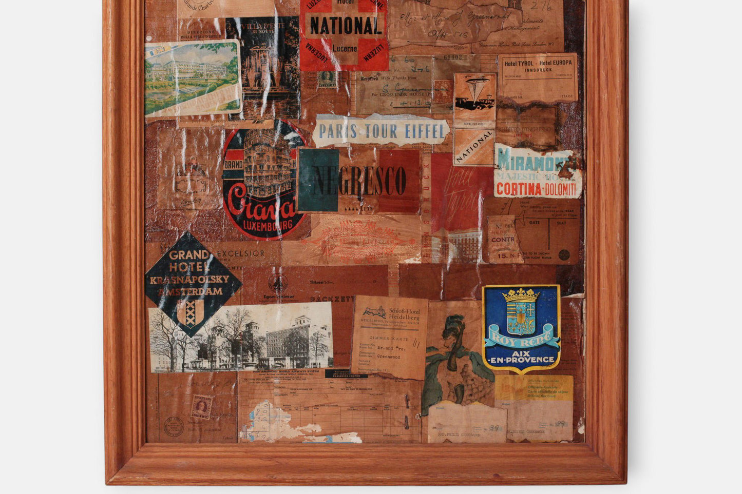 Framed Vintage European Grand Tour Hotel Label Collage | Authentic Mid-Century Travel Ephemera