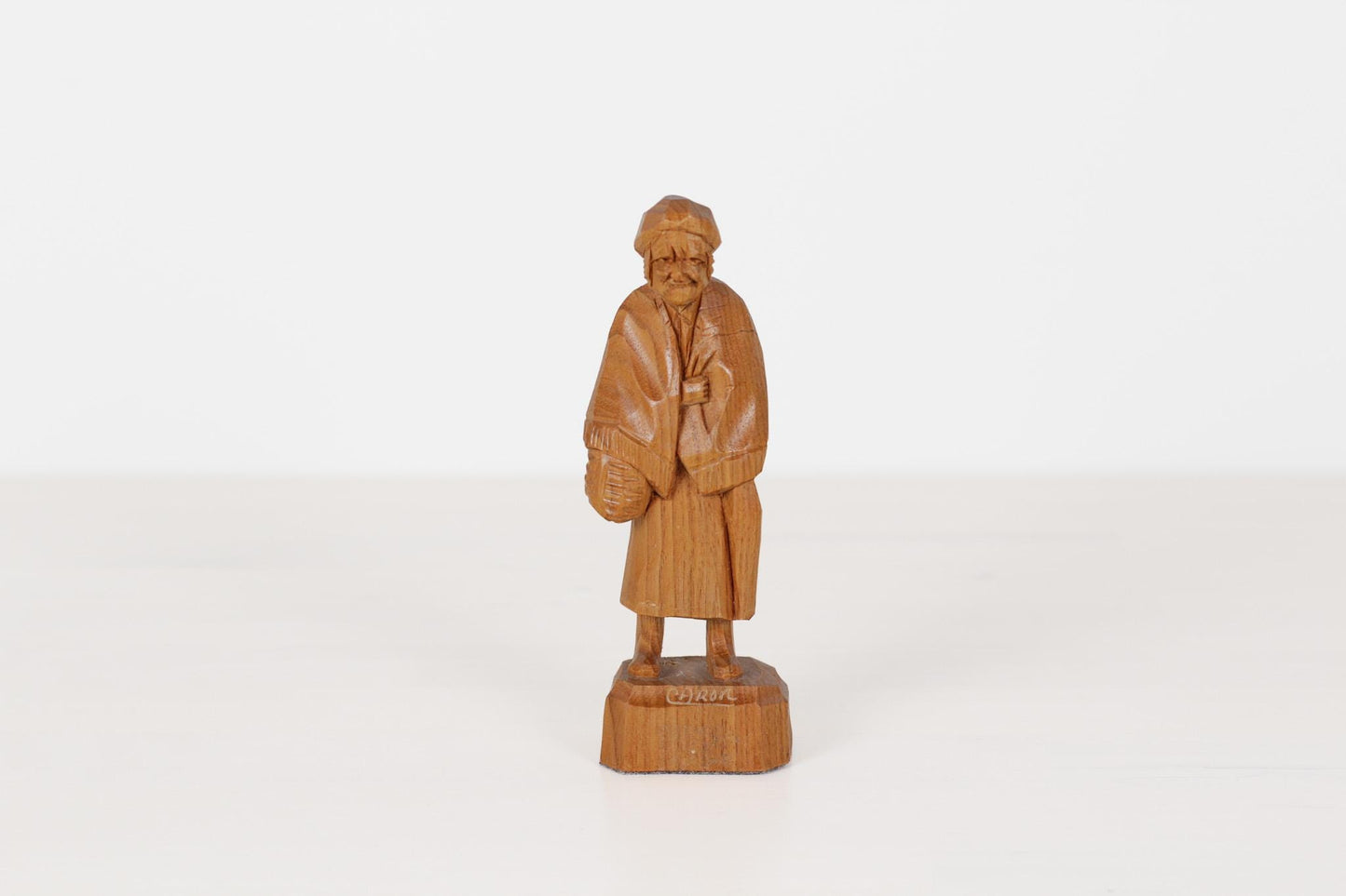 Vintage Caron Hand-Carved Wood Figurine of Elderly Woman with Basket | Canadian Folk Art