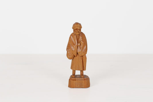 Vintage Caron Hand-Carved Wood Figurine of Elderly Woman with Basket | Canadian Folk Art