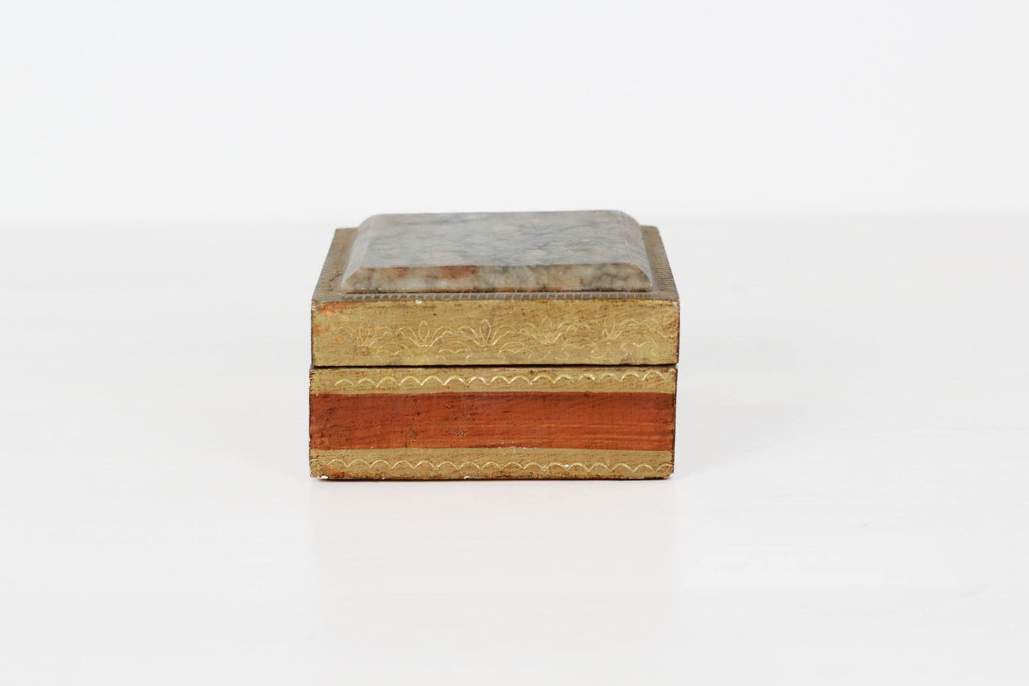Vintage Italian Florentine Gilt Wood Trinket Box with Marble Lid Inset